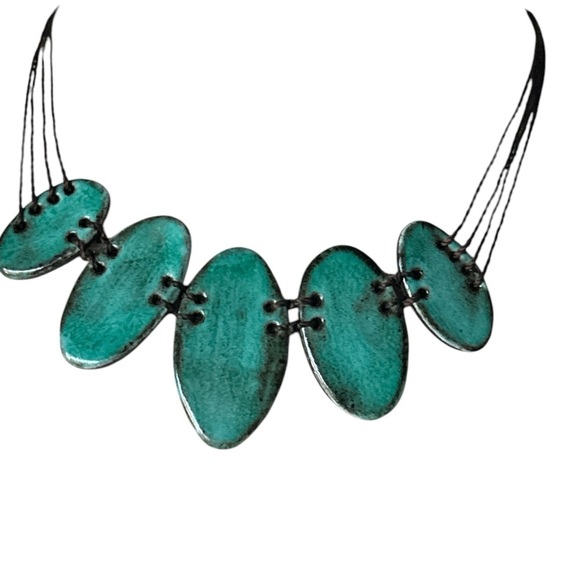 Artisan Handmade Teal Ceramic Statement Necklace Brazilian Jewelry 17" - Picture 5 of 7